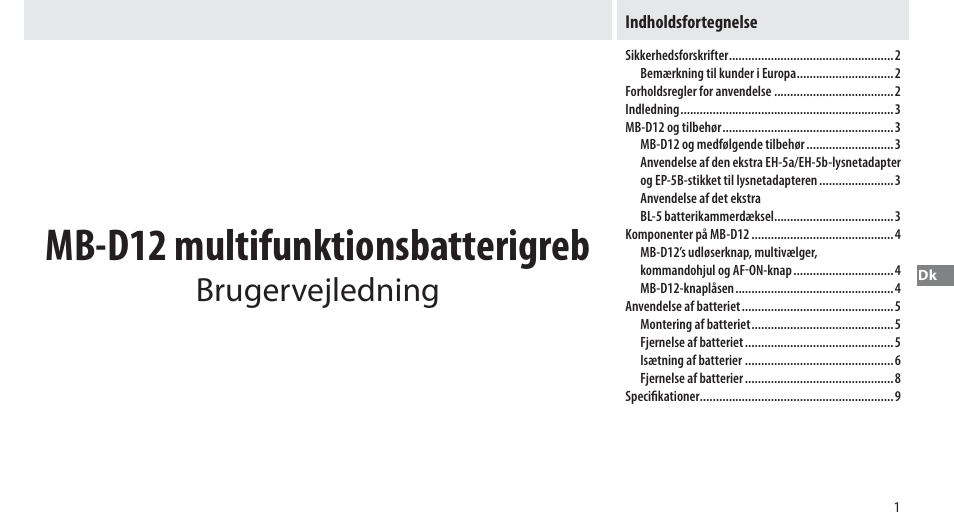 Indholdsfortegnelse, Mb-d12 multifunktionsbatterigreb, Brugervejledning | Nikon Multi-Power Battery Pack MB-D12 User Manual | Page 85 / 244