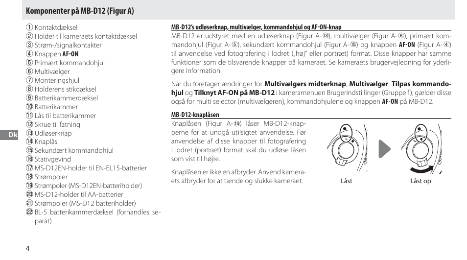 Komponenter på mb-d12, Mb-d12-knaplåsen, Komponenter på mb-d12 (figur a) | Nikon Multi-Power Battery Pack MB-D12 User Manual | Page 88 / 244