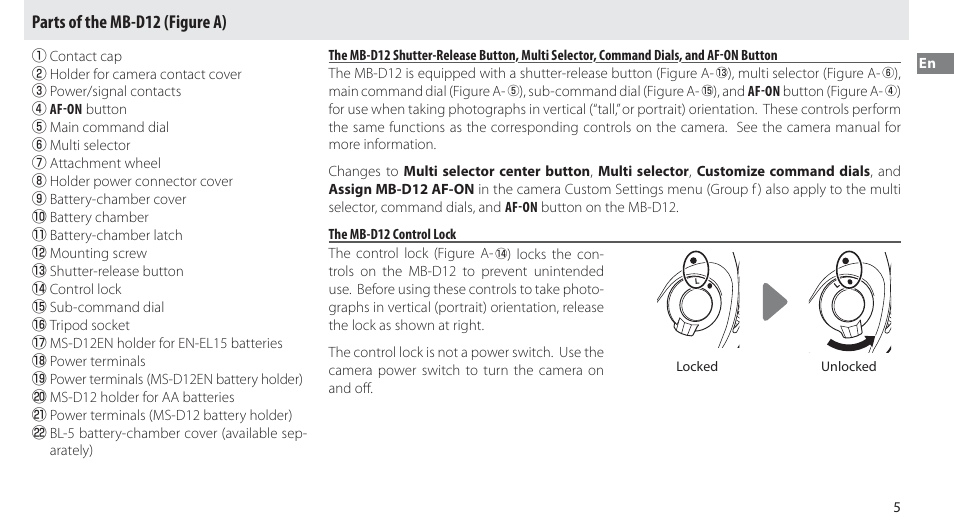 Parts of the mb-d12, The mb-d12 control lock, Parts of the mb-d12 (figure a) | Nikon Multi-Power Battery Pack MB-D12 User Manual | Page 9 / 244