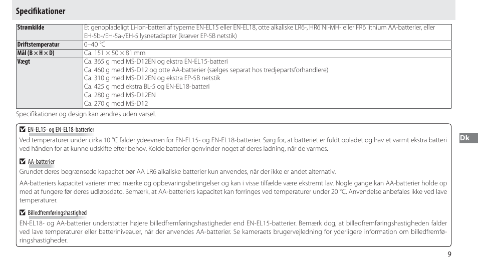 Specifikationer, Speciﬁ kationer | Nikon Multi-Power Battery Pack MB-D12 User Manual | Page 93 / 244