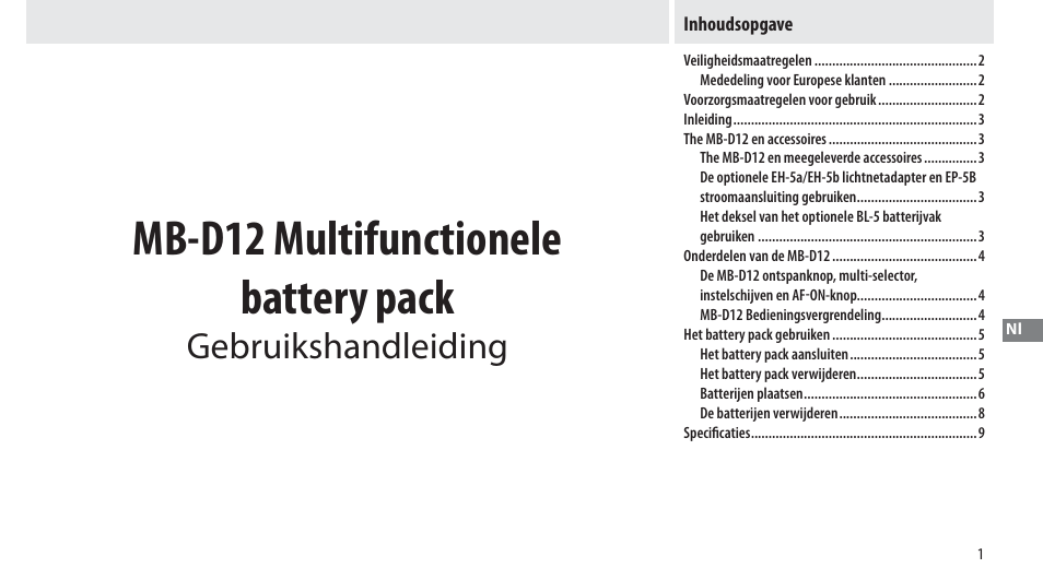 Inhoudsopgave, Mb-d12 multifunctionele battery pack, Gebruikshandleiding | Nikon Multi-Power Battery Pack MB-D12 User Manual | Page 95 / 244