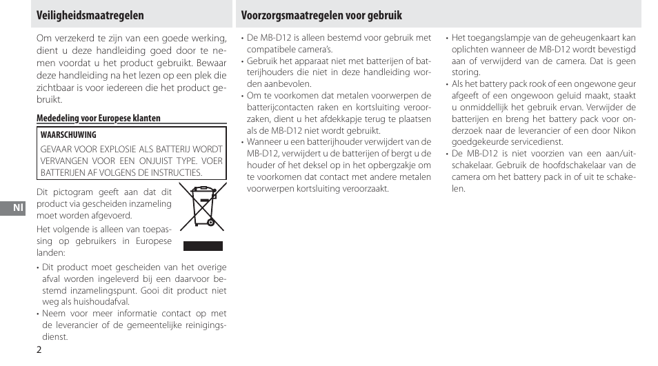 Veiligheidsmaatregelen, Mededeling voor europese klanten, Voorzorgsmaatregelen voor gebruik | Nikon Multi-Power Battery Pack MB-D12 User Manual | Page 96 / 244