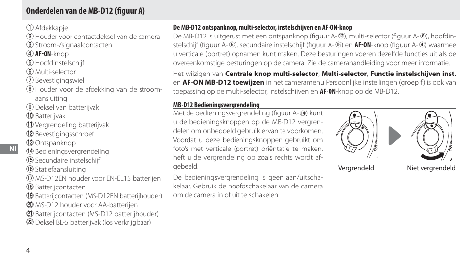 Onderdelen van de mb-d12, Mb-d12 bedieningsvergrendeling, Onderdelen van de mb-d12 (ﬁ guur a) | Nikon Multi-Power Battery Pack MB-D12 User Manual | Page 98 / 244