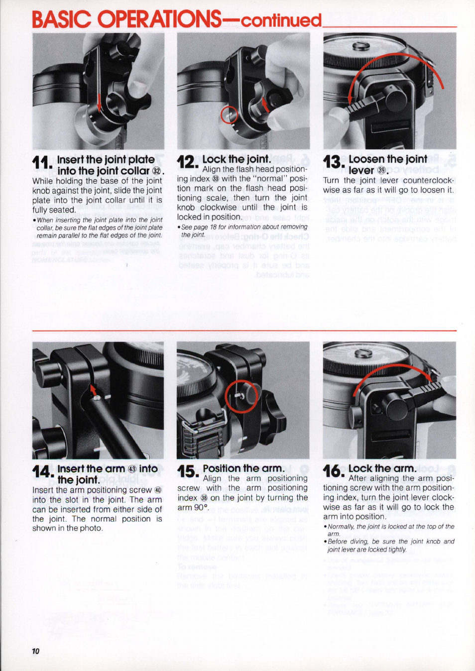 A4 insert the joint plate ■ into the joint collar, Ao lock the joint, 40 loosen the joint " lever | A a insert the arm ® into the joint, 4c position the arm, 4 a lock the arm, Basic operations —continued, Insert the joint plate ■ into the joint collar, Lock the joint, Insert the arm ® into the joint | Nikon os Speedlight SB-102 User Manual | Page 10 / 36