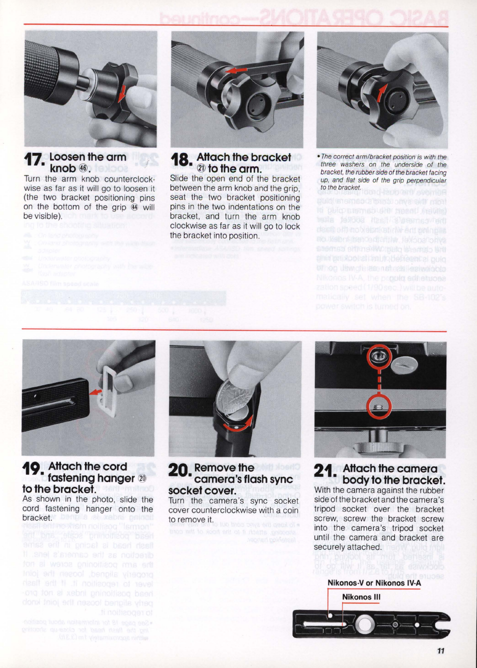 Loosen the arm ■ knob, Attach the bracket ■ @) to the arm, 2q^ remove the ■ camera’s flash sync socket cover | Attach the camera ' body to the bracket | Nikon os Speedlight SB-102 User Manual | Page 11 / 36