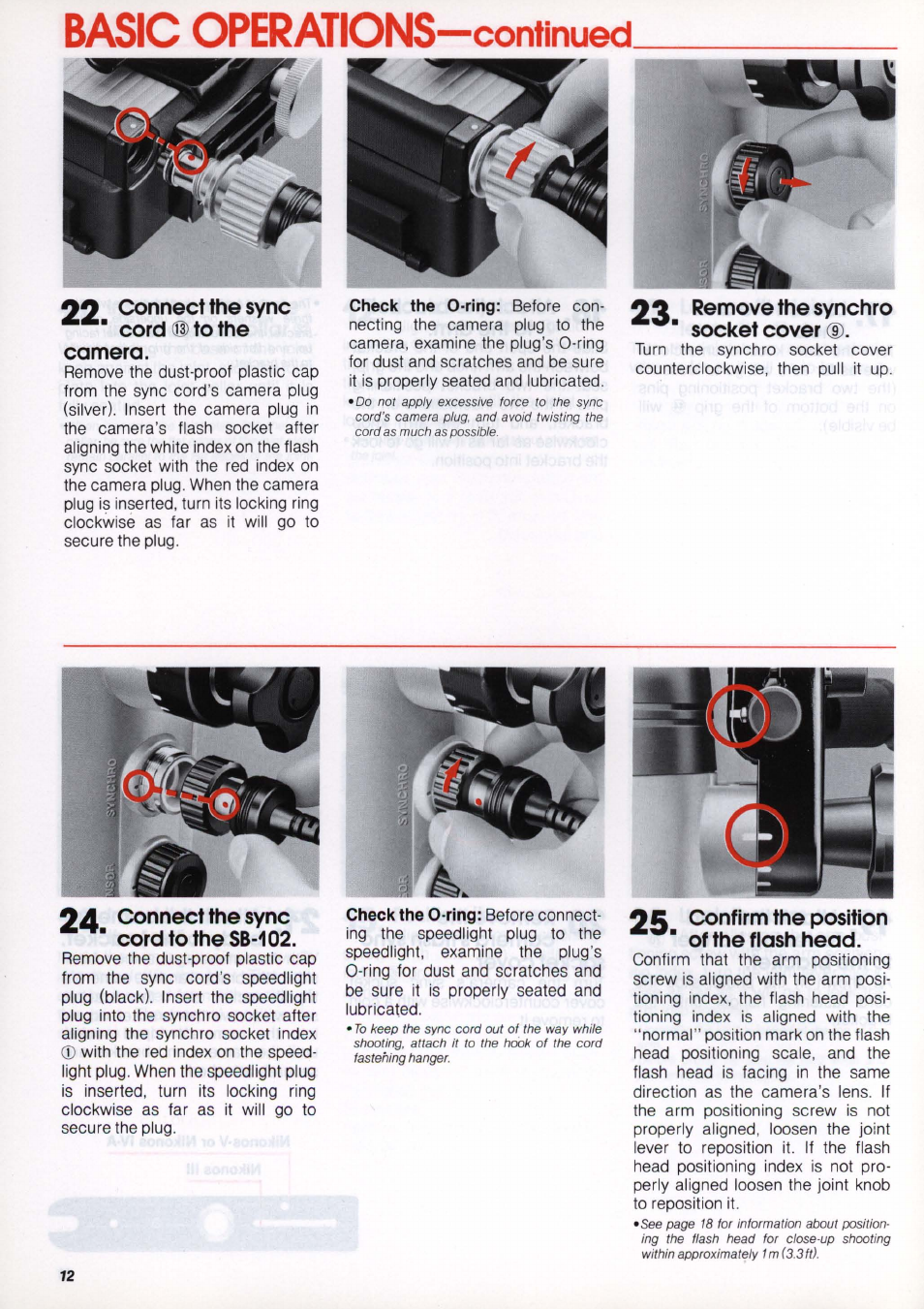 Basic operations —continued, Connect the sync ■ cord® to the camera, 23 rernove the synchro ■ socket cover (d | 25 confirm the position ■ of thefiash head | Nikon os Speedlight SB-102 User Manual | Page 12 / 36