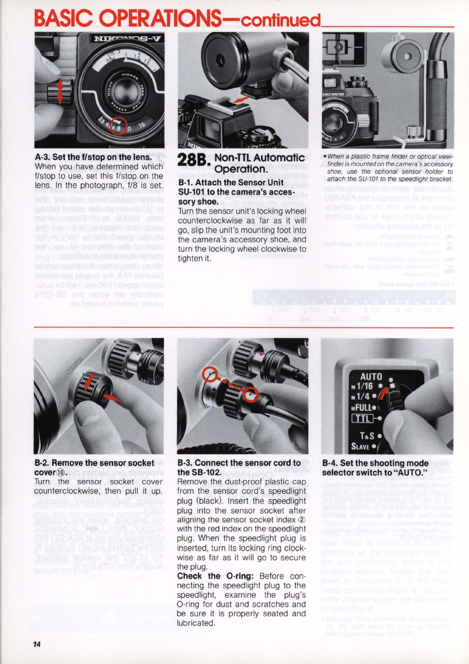 28b. non-ttl automatic ' operation, B-3. connect the sensor cord to the sb-102, Basic operations —continued | Non-ttl automatic ' operation | Nikon os Speedlight SB-102 User Manual | Page 14 / 36
