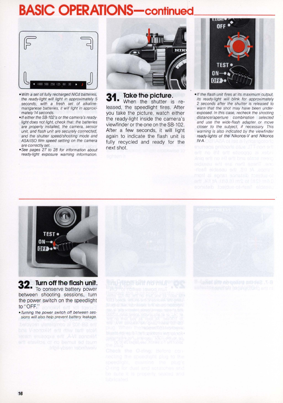 04 take the picture, 02 turn off the flash unit, Basic operations —continued | Nikon os Speedlight SB-102 User Manual | Page 16 / 36