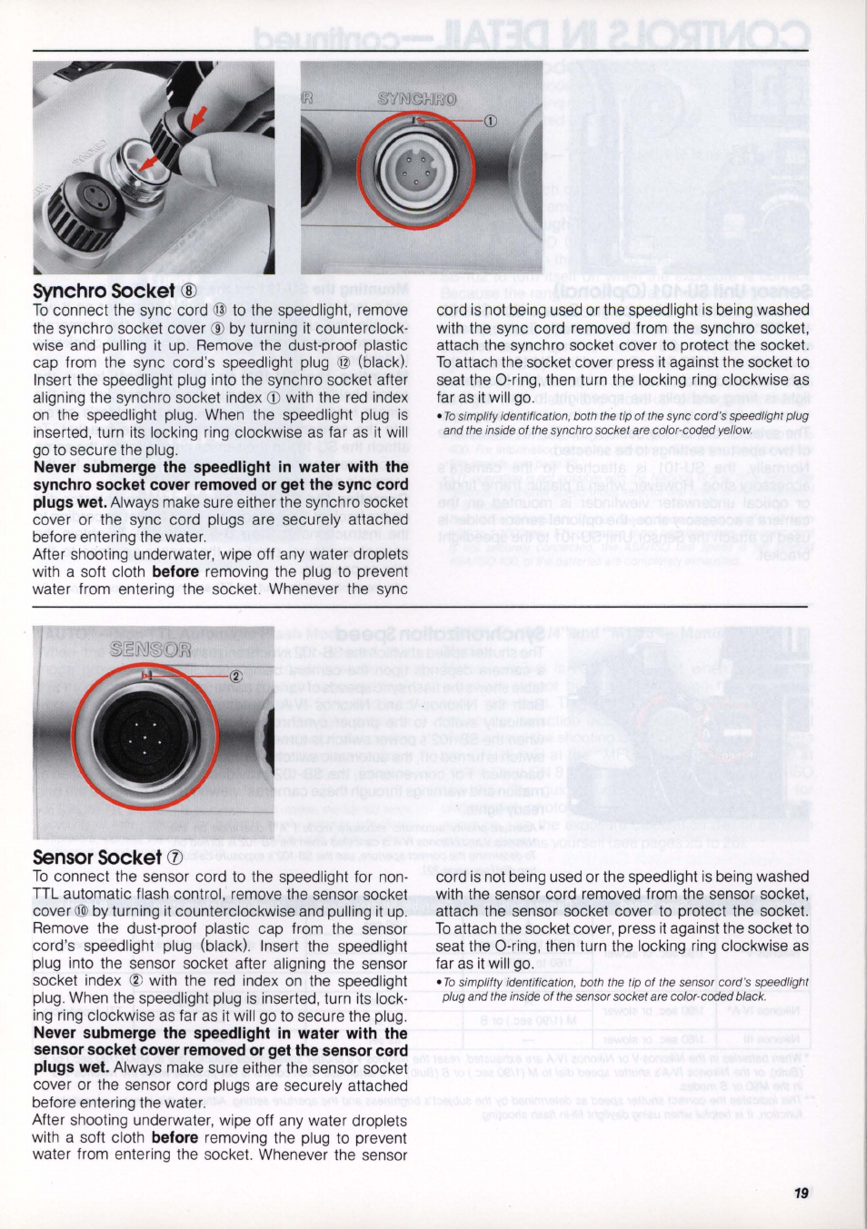 Synchro socket (d, Sensor socket, Synchro socket sensor socket | Nikon os Speedlight SB-102 User Manual | Page 19 / 36