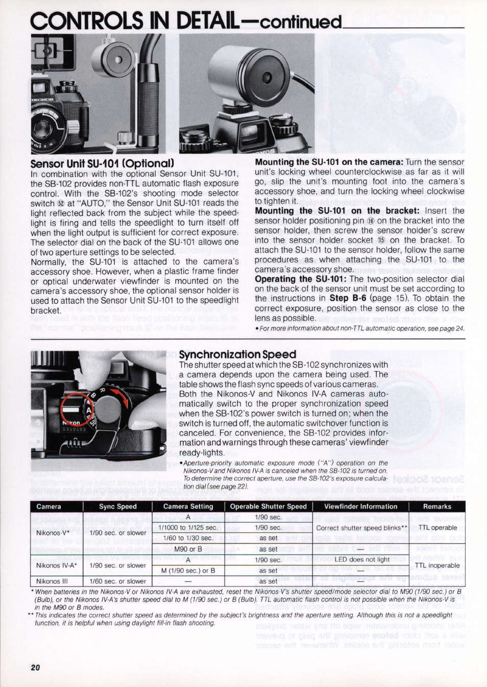 Sensor unitsu-101 (optional), Synchronization speed, Controls in detail —continued | Nikon os Speedlight SB-102 User Manual | Page 20 / 36