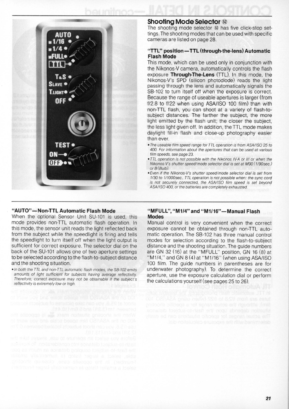 Shooting mode selector, Auto”—non-ttl automatic flash mode, Mfull”, “m1/4” and “m1/16”-manual flash modes | Non-ttl automatic flash control, Eü^eît, Test* on, T.ii6ht | Nikon os Speedlight SB-102 User Manual | Page 21 / 36