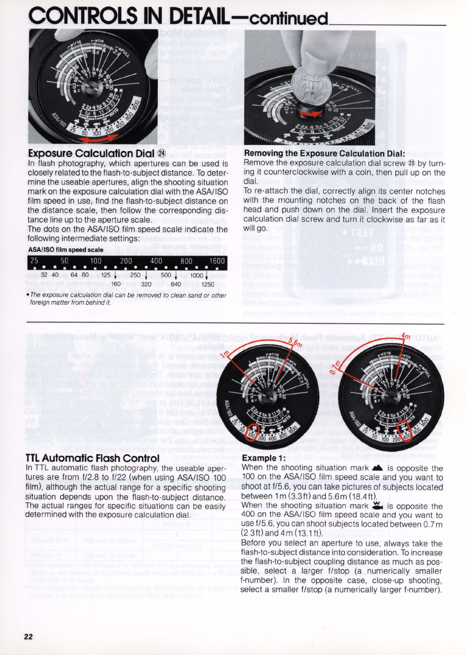 Exposure calculation dial, Removing the exposure calculation dial, Example 1 | Controls in detail —continued, Ttl automatic flash control | Nikon os Speedlight SB-102 User Manual | Page 22 / 36