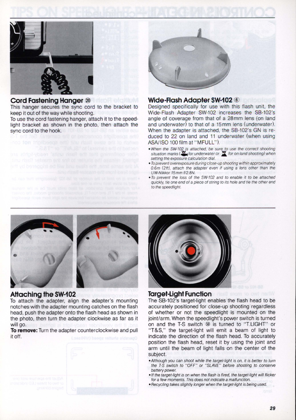 Wide-flash adapter sw-102 (d, Target-light function, Wide-flash adapter sw-102 | Cord fastening hanger, Attaching the sw-102 | Nikon os Speedlight SB-102 User Manual | Page 29 / 36