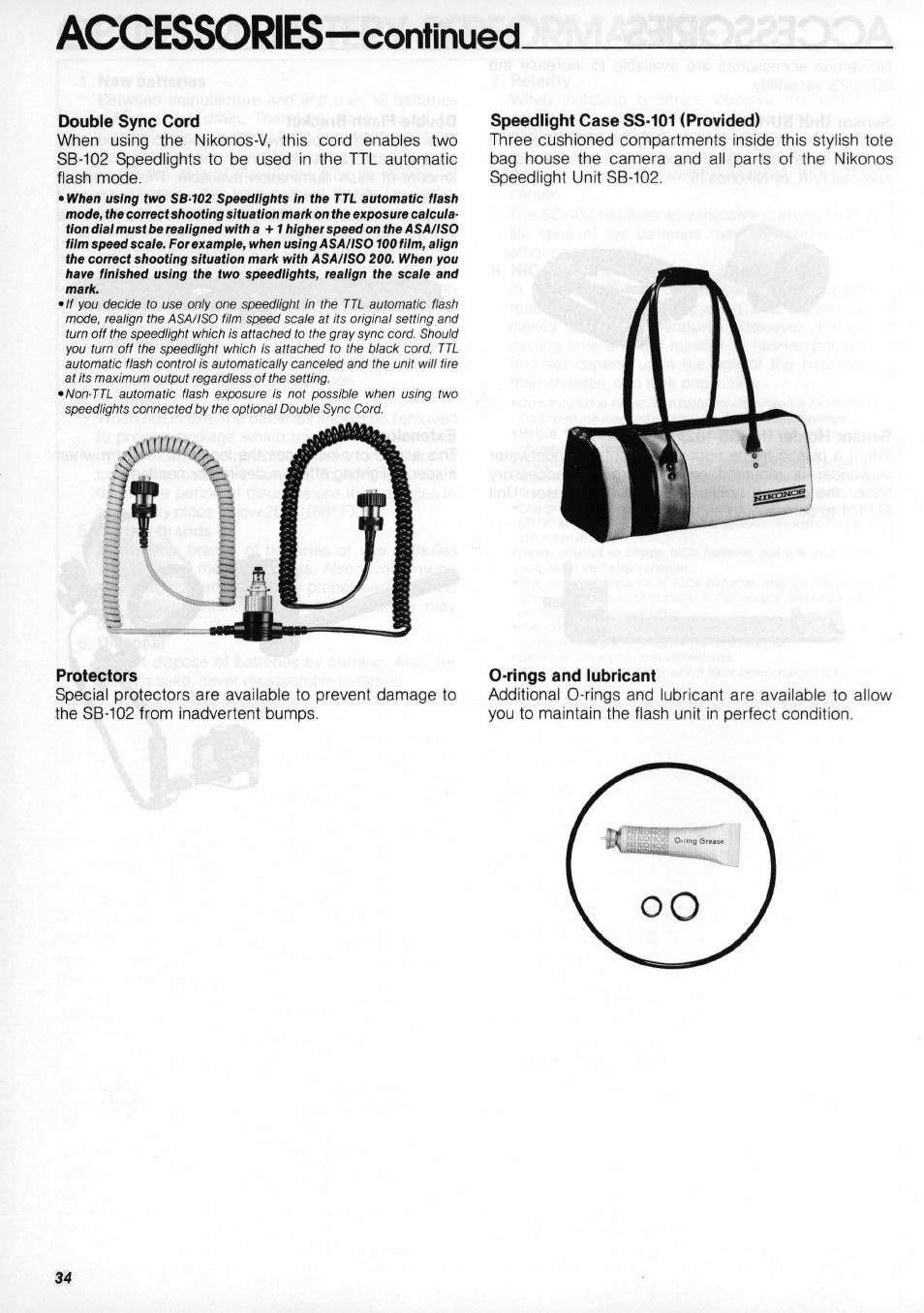 Accessories —continued, Double sync cord, Speedlight case ss-101 (provided) | Protectors, Rings and lubricant, Double sync cord protectors | Nikon os Speedlight SB-102 User Manual | Page 34 / 36