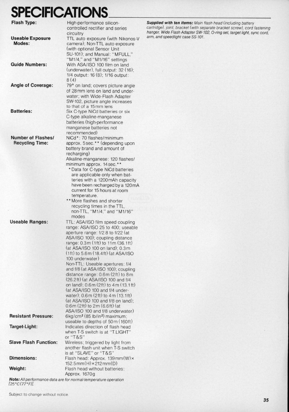 Specifications | Nikon os Speedlight SB-102 User Manual | Page 35 / 36