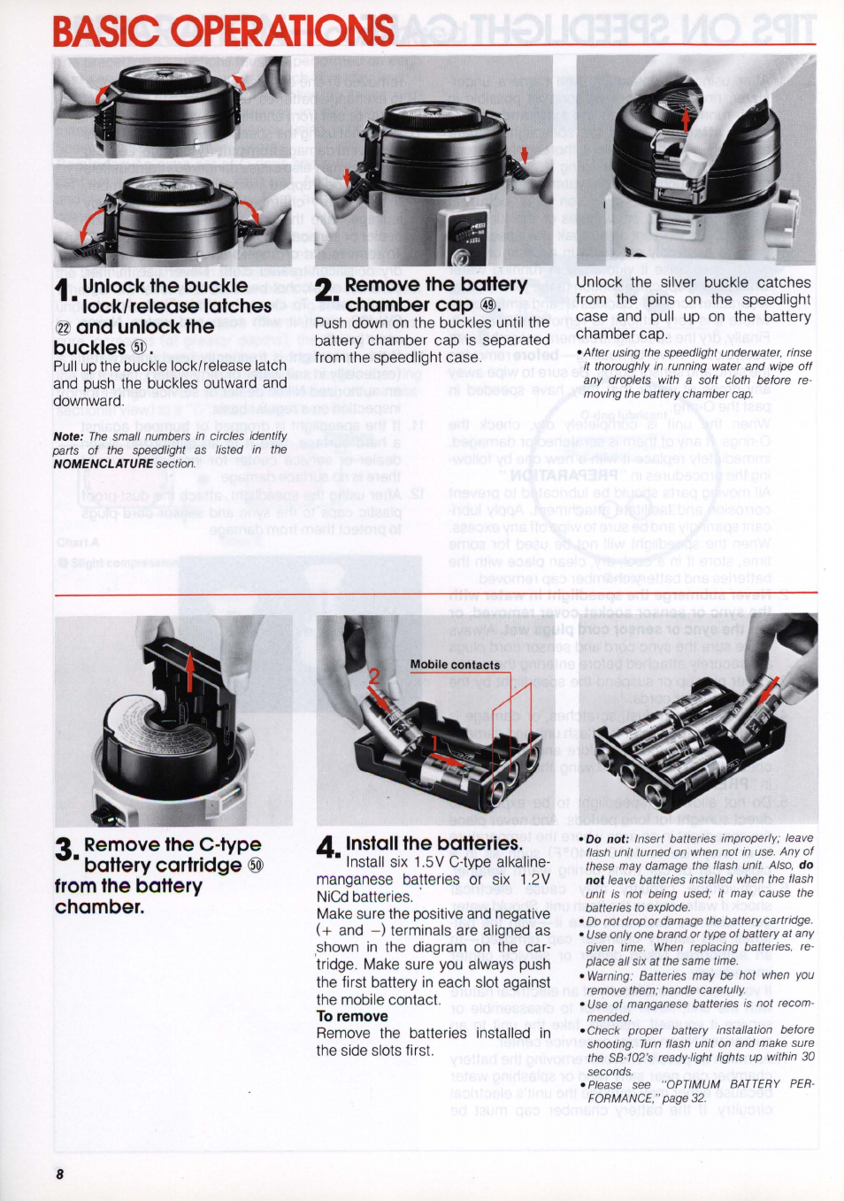 Basic operations, To remove, Basic operations -16 | Unlock the buckle " lock/release latches, And unlock the buckles, 2 remove the battery ■ chamber cap | Nikon os Speedlight SB-102 User Manual | Page 8 / 36