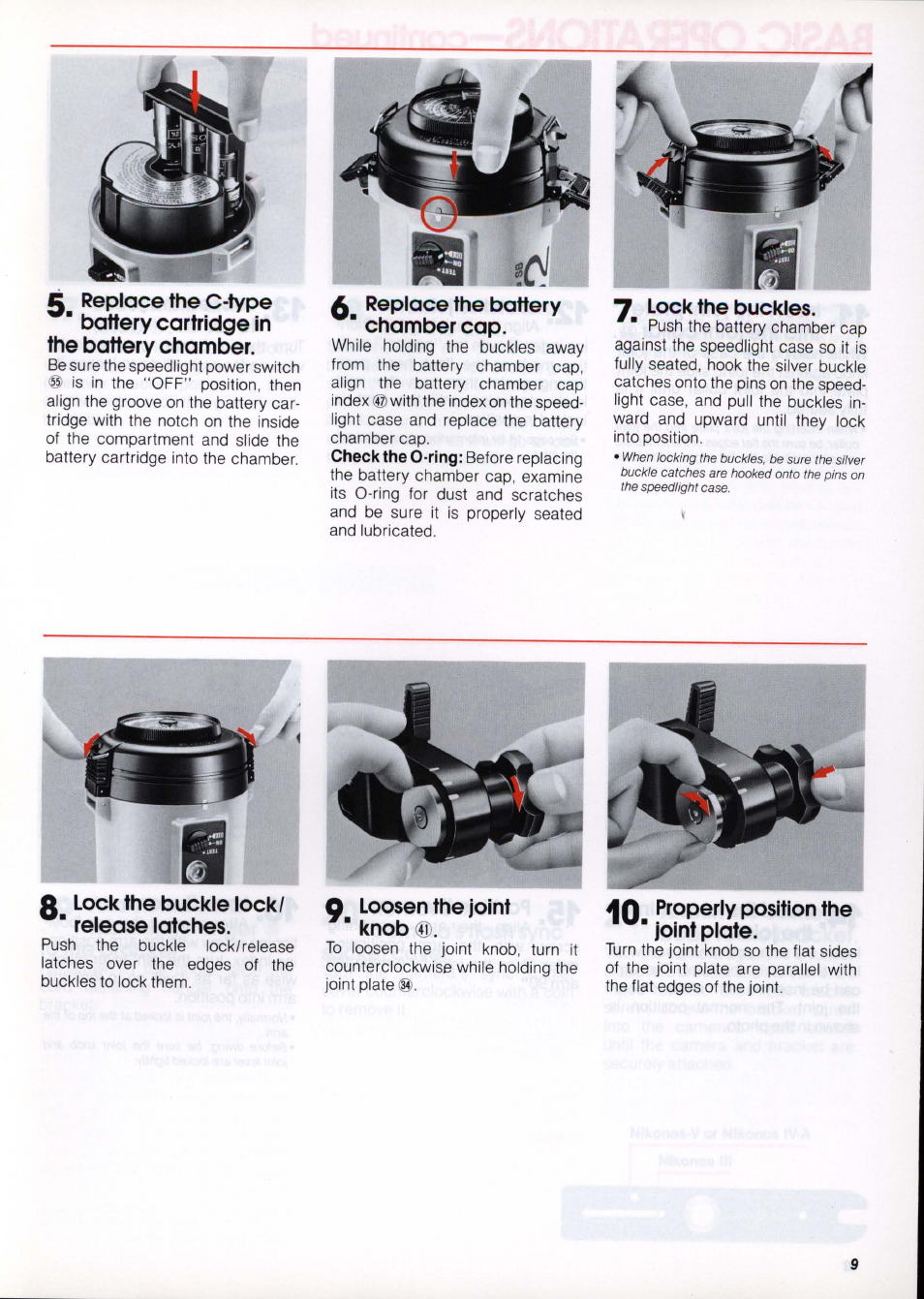 Replace the battery " chamber cap, Lock the buckles, A lock the buckle lock/ ■ release latches | Loosen the joint " knob, Properly position the ■ joint plate | Nikon os Speedlight SB-102 User Manual | Page 9 / 36