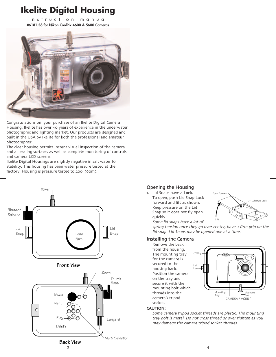 Ikelite digital housing, Front view, Back view | Nikon 5600 User Manual | Page 2 / 6