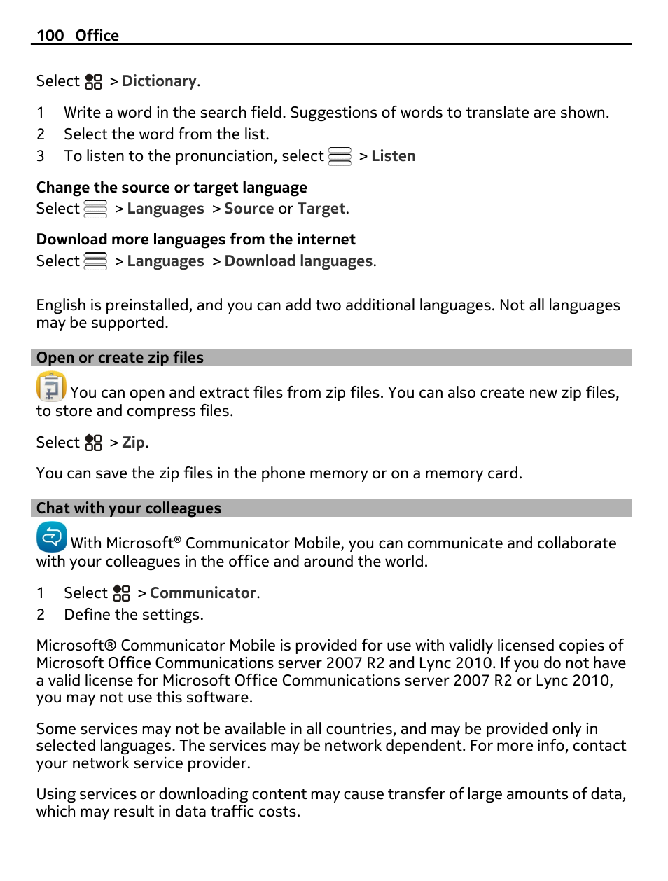 Open or create zip files, Chat with your colleagues | Nikon Nokia C6-01 User Manual | Page 100 / 130