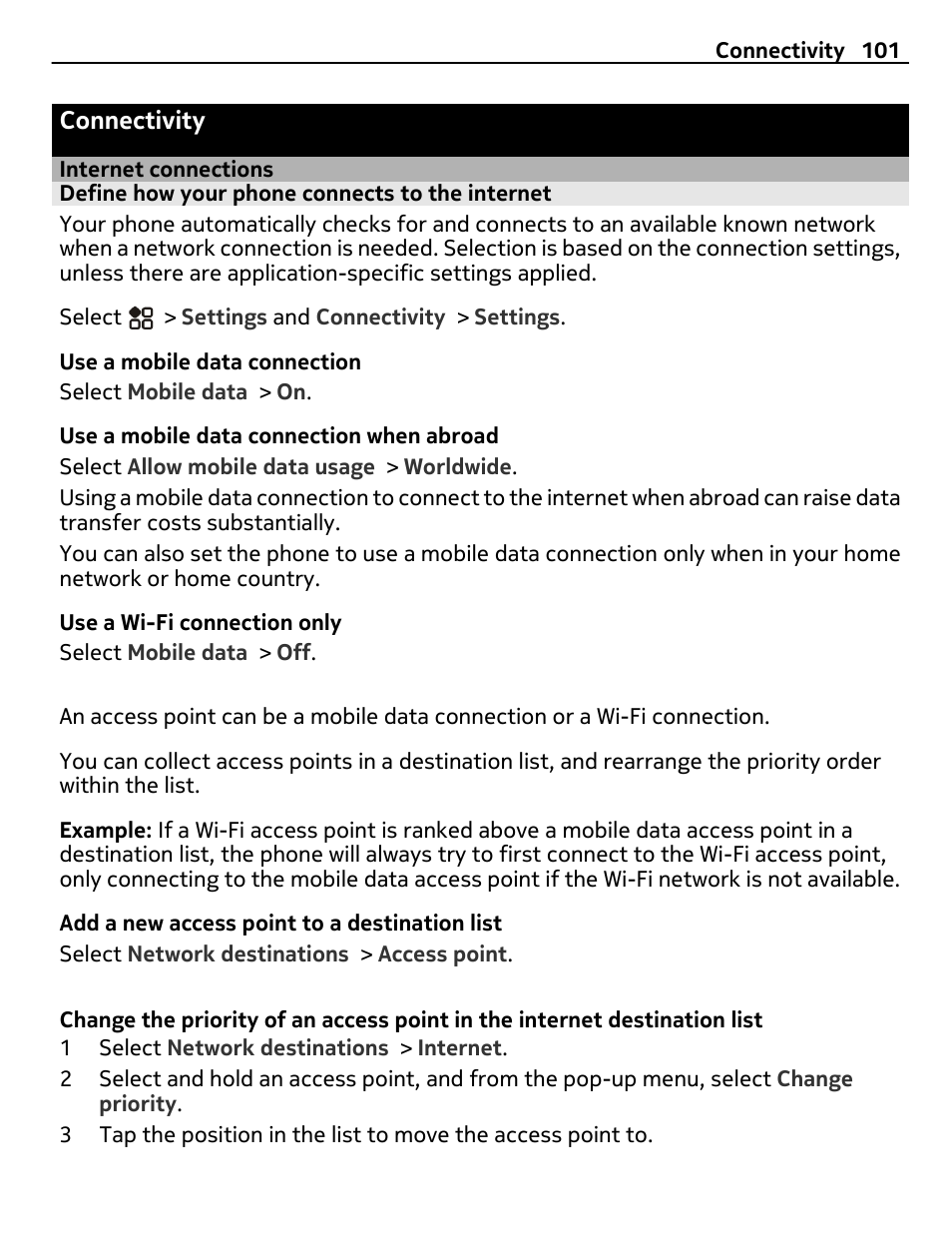 Connectivity, Internet connections, Define how your phone connects to the internet | Nikon Nokia C6-01 User Manual | Page 101 / 130