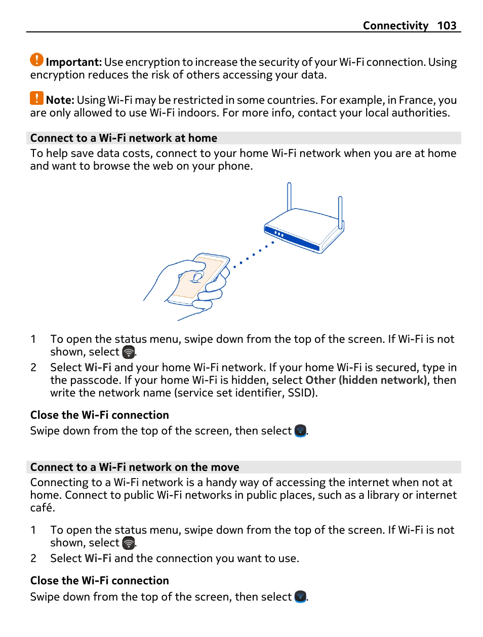 Connect to a wi-fi network at home, Connect to a wi-fi network on the move | Nikon Nokia C6-01 User Manual | Page 103 / 130