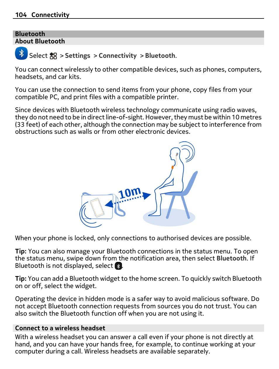 Bluetooth, About bluetooth, Connect to a wireless headset | Nikon Nokia C6-01 User Manual | Page 104 / 130