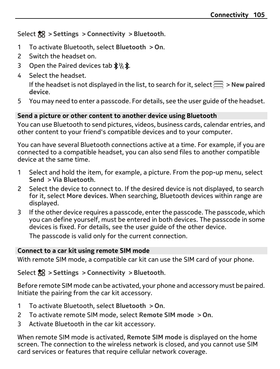 Connect to a car kit using remote sim mode | Nikon Nokia C6-01 User Manual | Page 105 / 130