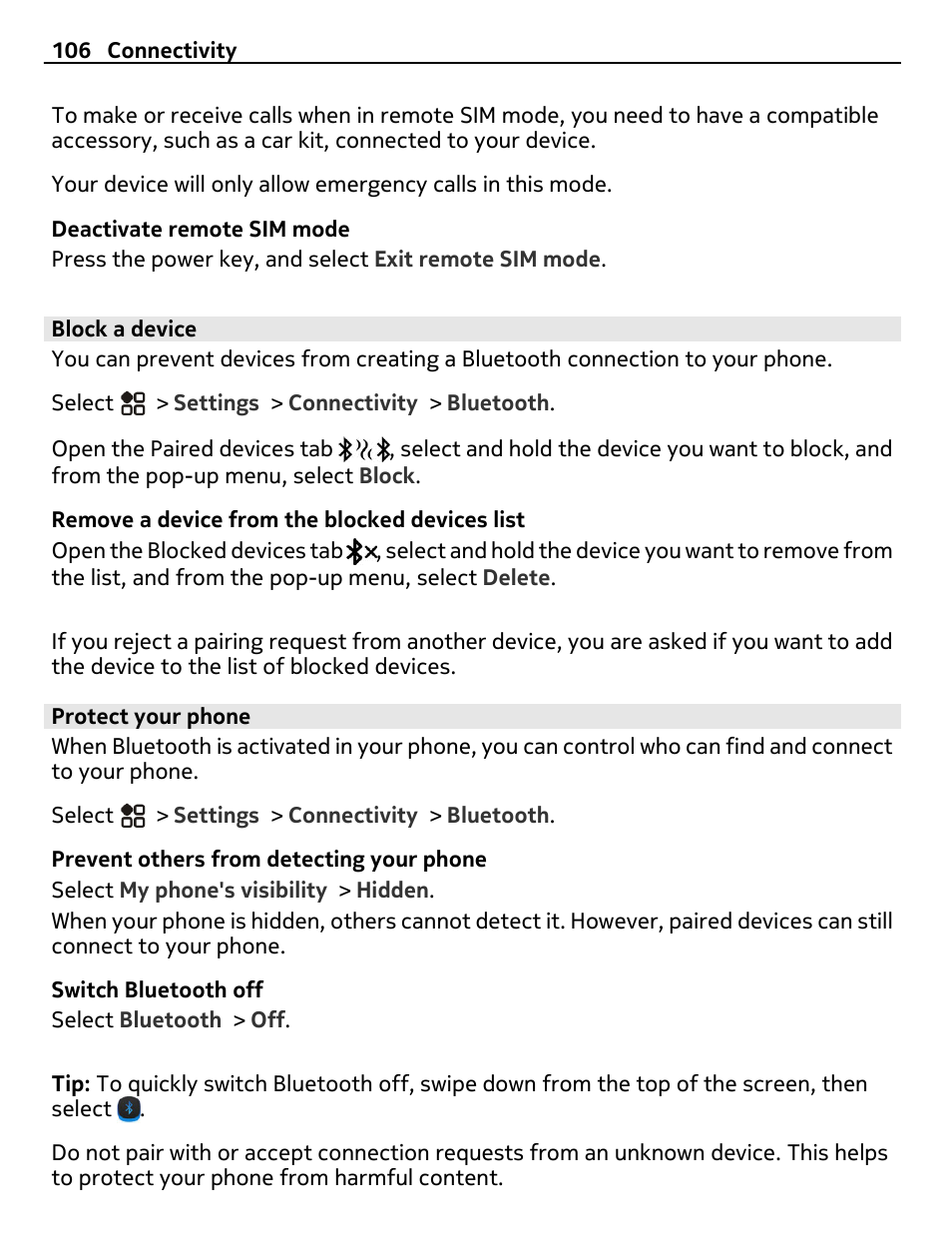 Block a device, Protect your phone | Nikon Nokia C6-01 User Manual | Page 106 / 130