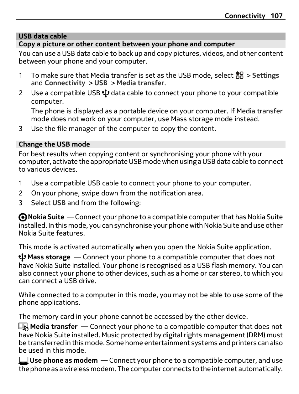 Usb data cable, Change the usb mode | Nikon Nokia C6-01 User Manual | Page 107 / 130