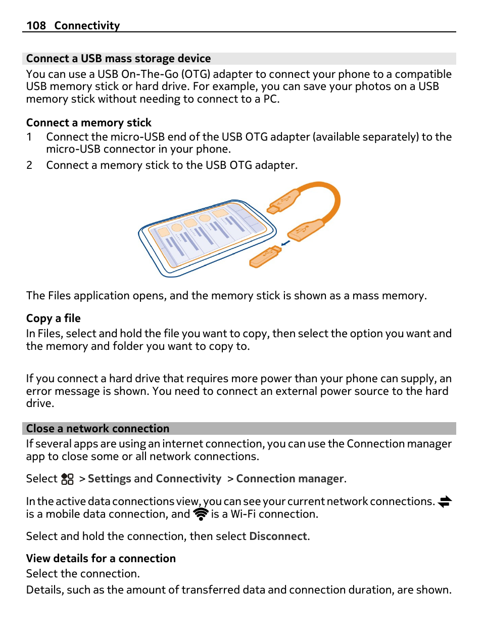 Connect a usb mass storage device, Close a network connection | Nikon Nokia C6-01 User Manual | Page 108 / 130