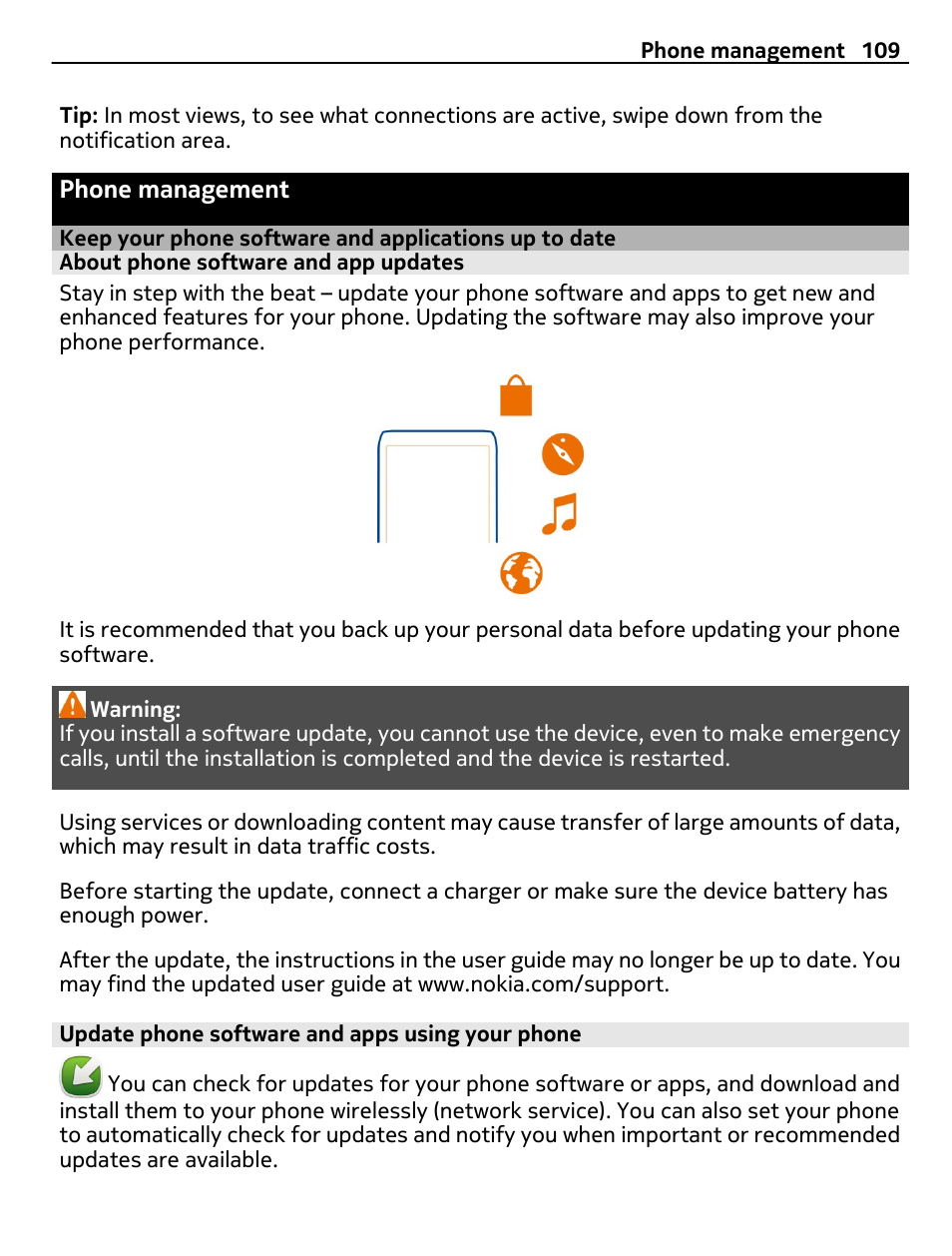 Phone management, About phone software and app updates, Update phone software and apps using your phone | Keep your phone software and, Applications up to date | Nikon Nokia C6-01 User Manual | Page 109 / 130