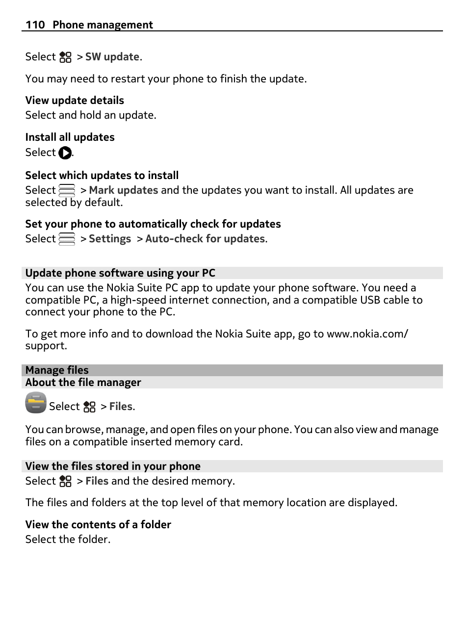 Update phone software using your pc, Manage files, About the file manager | View the files stored in your phone | Nikon Nokia C6-01 User Manual | Page 110 / 130