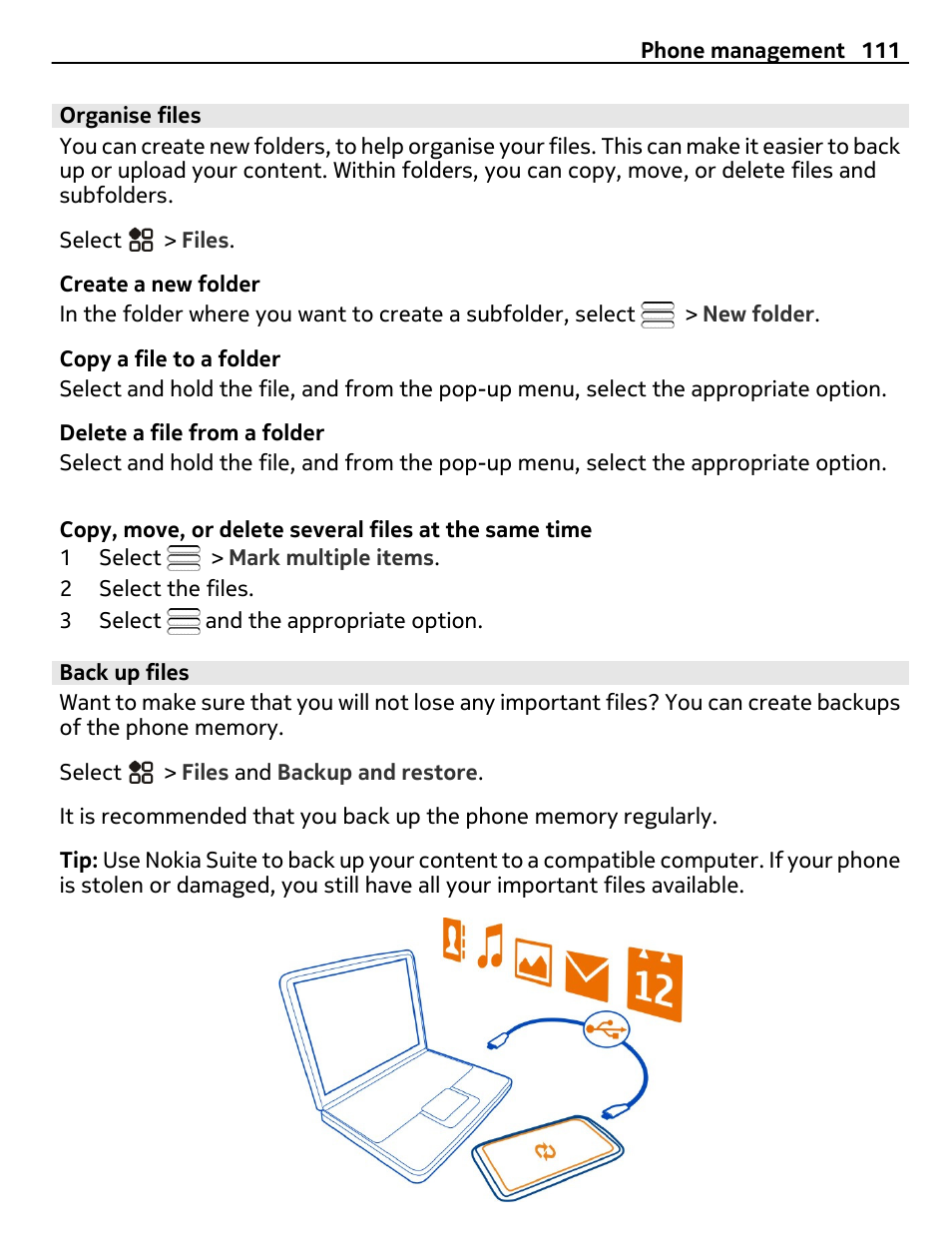 Organise files, Back up files | Nikon Nokia C6-01 User Manual | Page 111 / 130