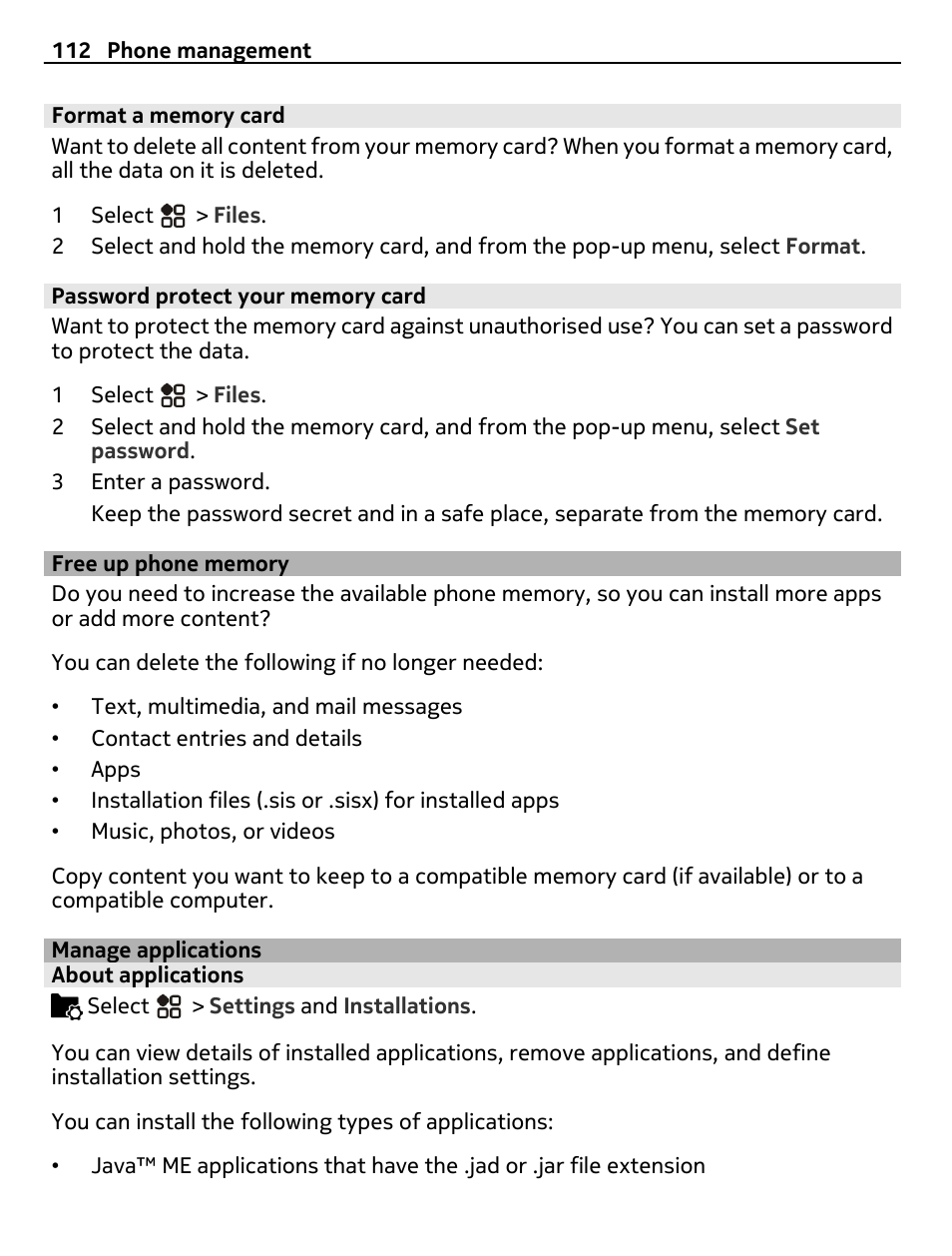 Format a memory card, Password protect your memory card, Free up phone memory | Manage applications, About applications | Nikon Nokia C6-01 User Manual | Page 112 / 130