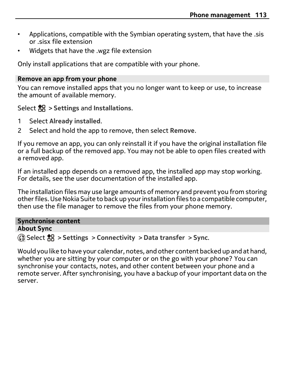 Remove an app from your phone, Synchronise content, About sync | Nikon Nokia C6-01 User Manual | Page 113 / 130