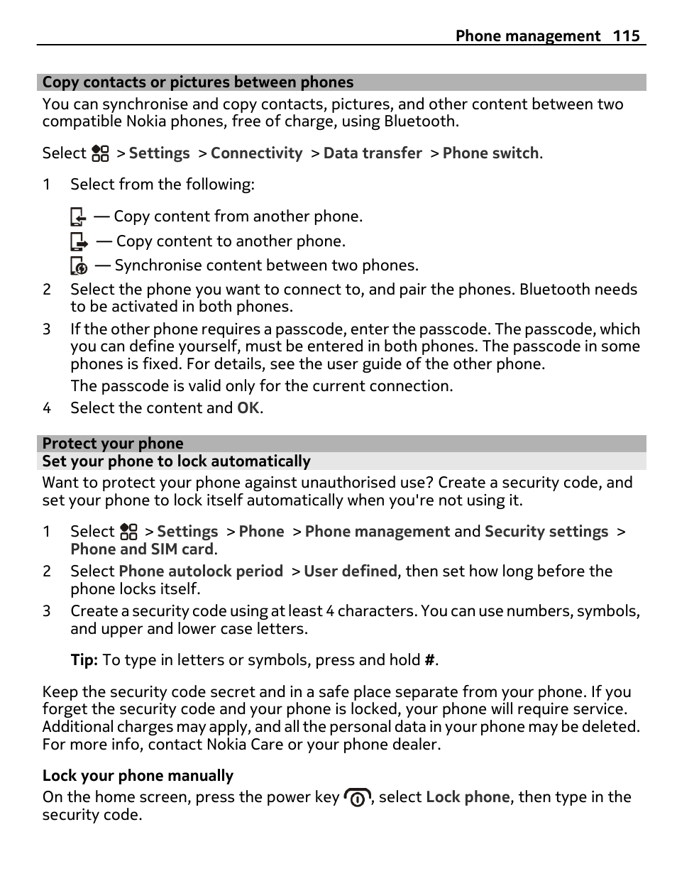 Copy contacts or pictures between phones, Protect your phone, Set your phone to lock automatically | Copy contacts or pictures between, Phones | Nikon Nokia C6-01 User Manual | Page 115 / 130