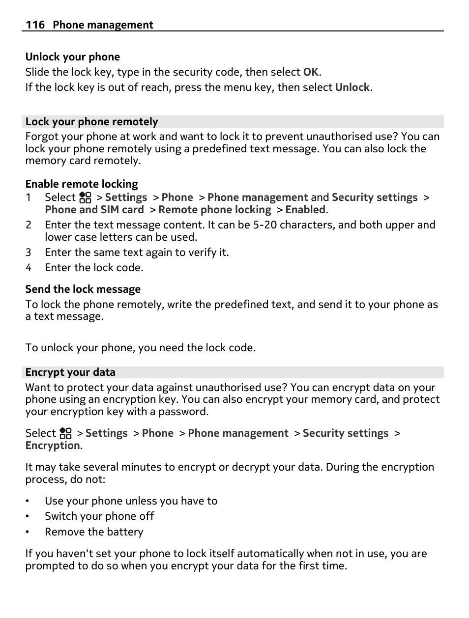 Lock your phone remotely, Encrypt your data | Nikon Nokia C6-01 User Manual | Page 116 / 130