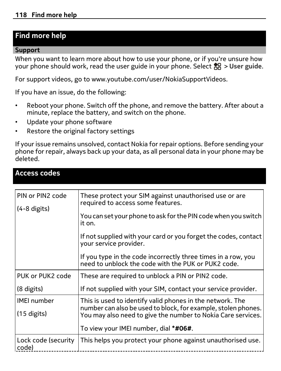 Find more help, Support, Access codes | Nikon Nokia C6-01 User Manual | Page 118 / 130