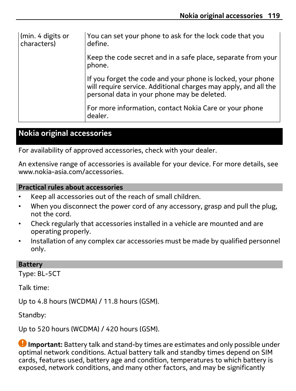 Nokia original accessories, Practical rules about accessories, Battery | Nikon Nokia C6-01 User Manual | Page 119 / 130