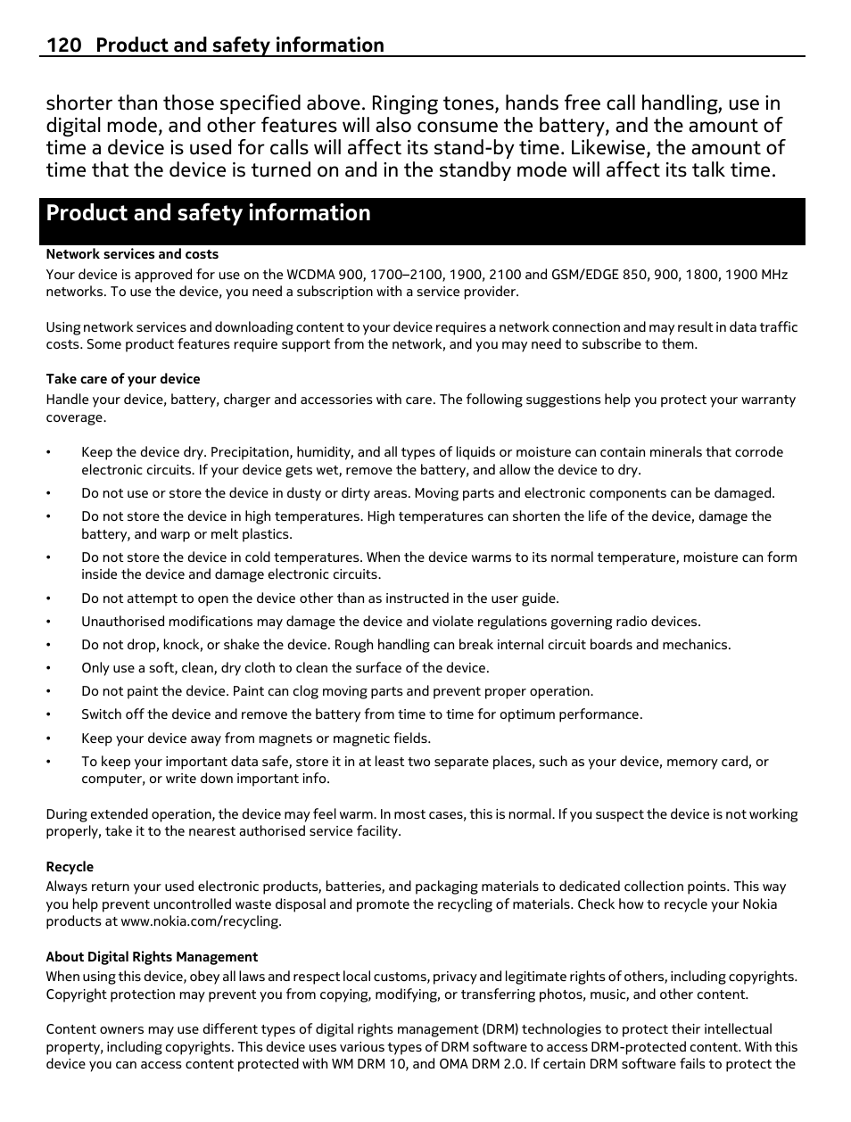 Product and safety information, Network services and costs, Take care of your device | Recycle, About digital rights management, 120 product and safety information | Nikon Nokia C6-01 User Manual | Page 120 / 130