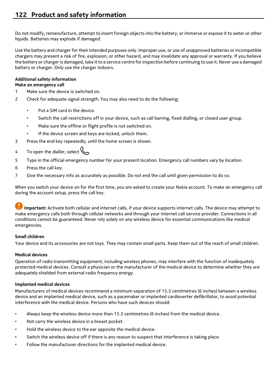 Additional safety information, Make an emergency call, Small children | Medical devices, Implanted medical devices, 122 product and safety information | Nikon Nokia C6-01 User Manual | Page 122 / 130