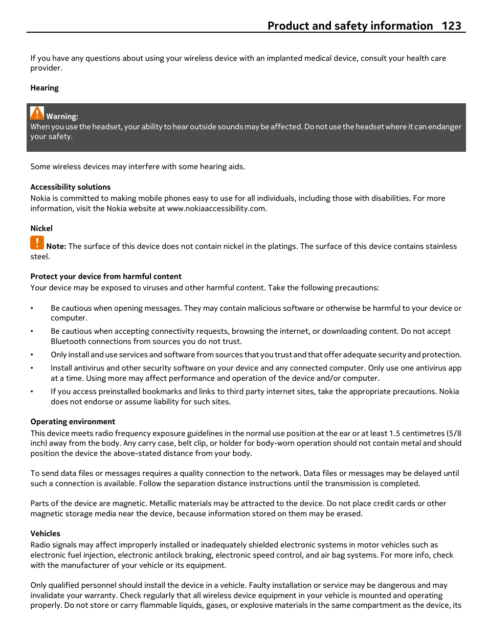 Hearing, Accessibility solutions, Nickel | Protect your device from harmful content, Operating environment, Vehicles, Product and safety information 123 | Nikon Nokia C6-01 User Manual | Page 123 / 130