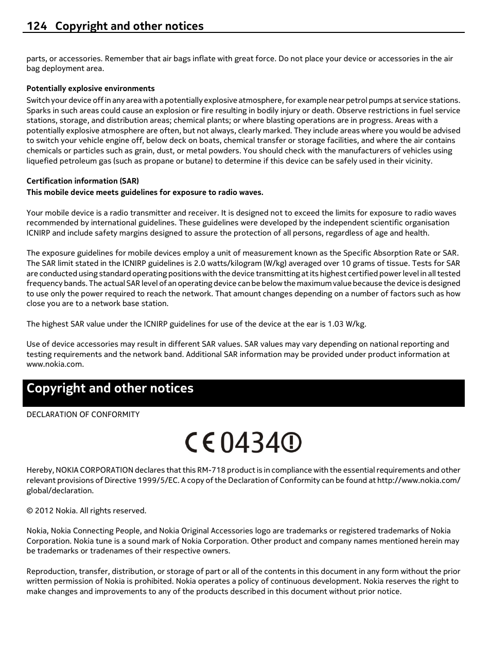 Potentially explosive environments, Certification information (sar), Copyright and other notices | 124 copyright and other notices | Nikon Nokia C6-01 User Manual | Page 124 / 130