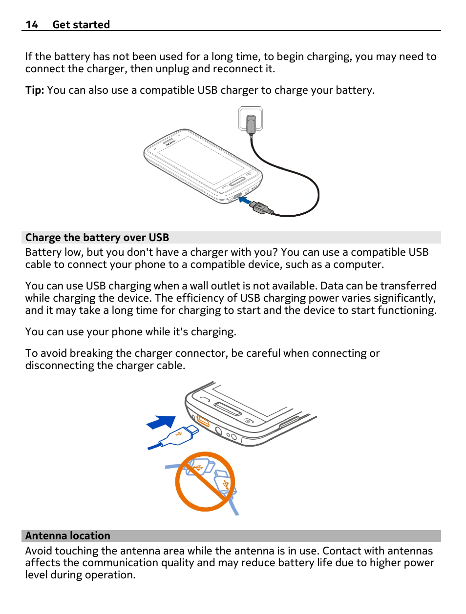 Charge the battery over usb, Antenna location | Nikon Nokia C6-01 User Manual | Page 14 / 130