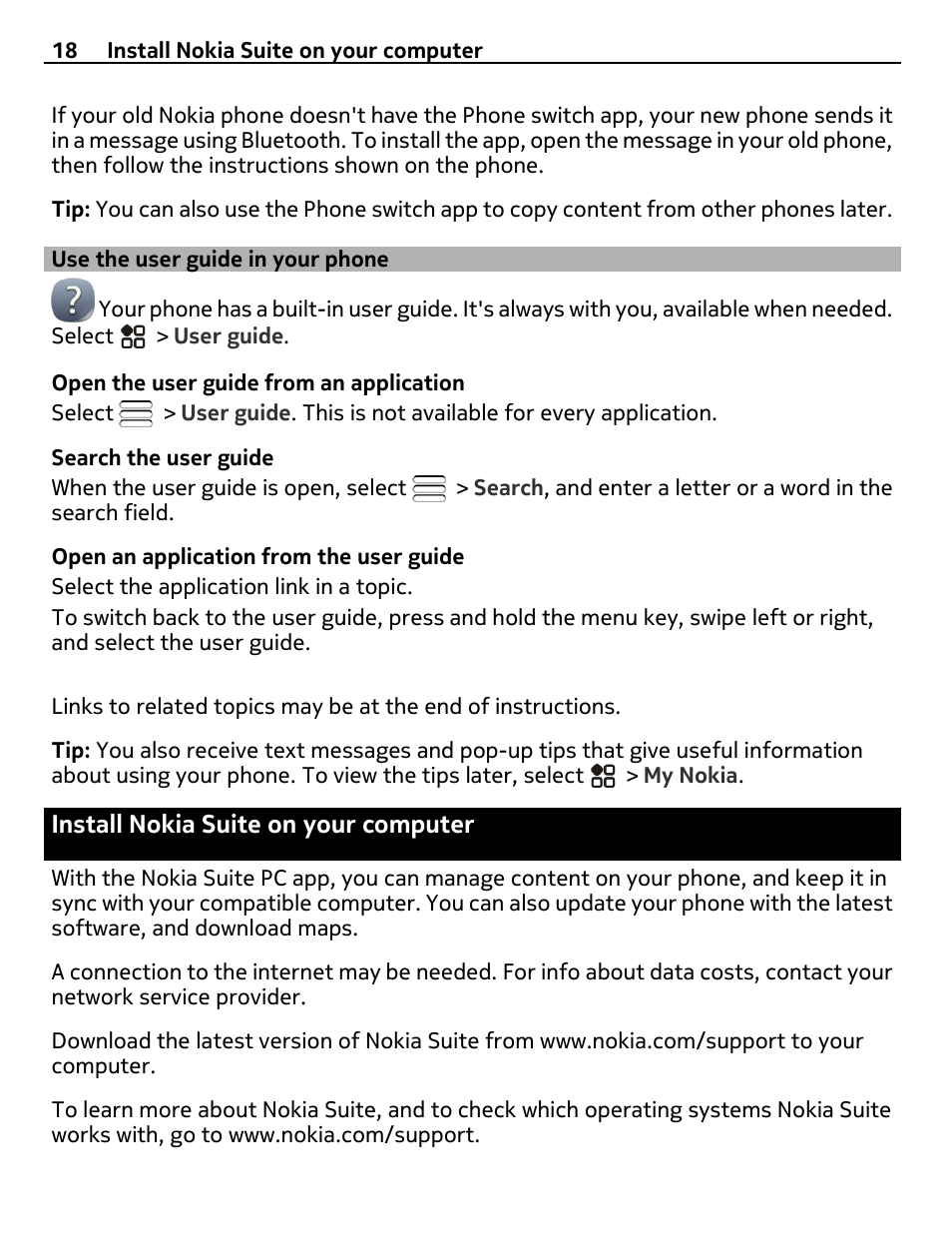 Use the user guide in your phone, Install nokia suite on your computer, Install nokia suite on your | Computer | Nikon Nokia C6-01 User Manual | Page 18 / 130