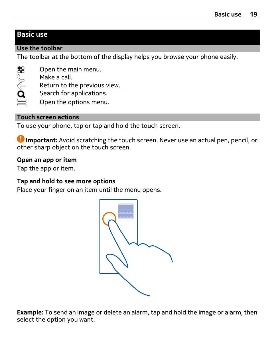 Basic use, Use the toolbar, Touch screen actions | Nikon Nokia C6-01 User Manual | Page 19 / 130