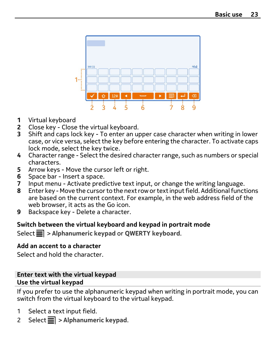 Enter text with the virtual keypad, Use the virtual keypad | Nikon Nokia C6-01 User Manual | Page 23 / 130