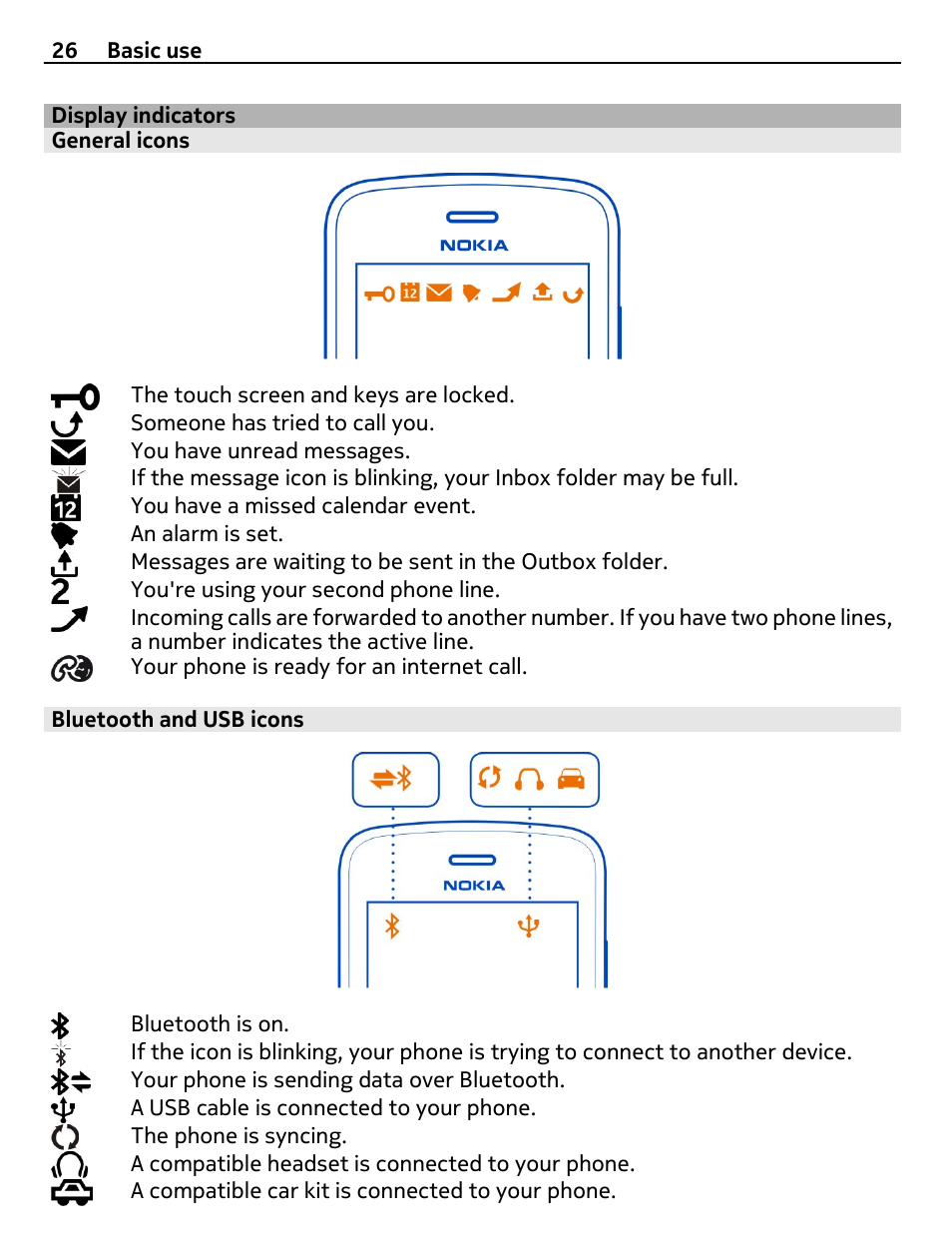 Display indicators, General icons, Bluetooth and usb icons | Nikon Nokia C6-01 User Manual | Page 26 / 130