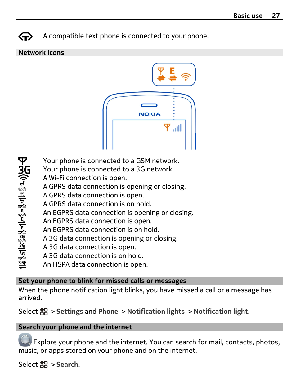 Network icons, Search your phone and the internet, Set your phone to blink for missed | Calls or messages, Search your phone and the internet 27 | Nikon Nokia C6-01 User Manual | Page 27 / 130