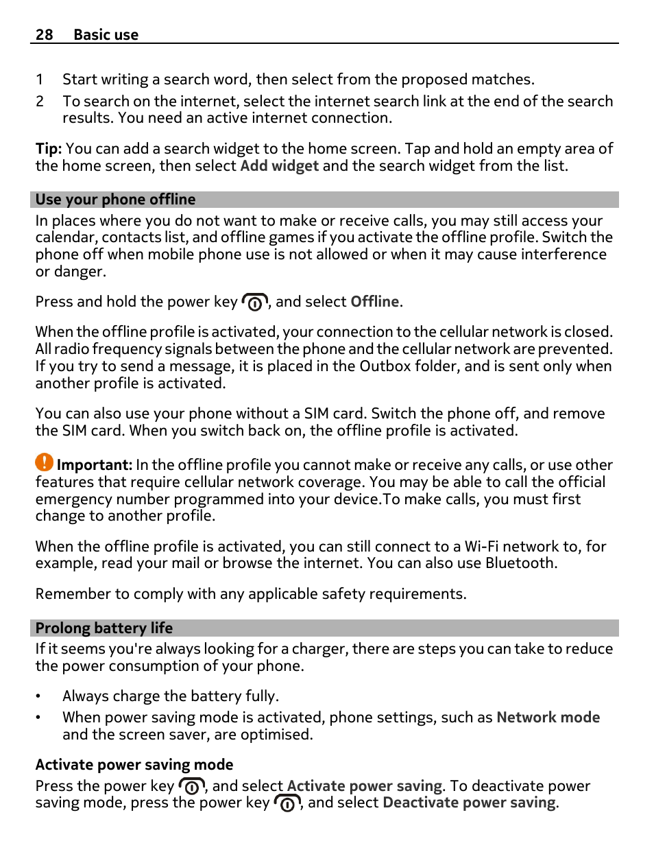 Use your phone offline, Prolong battery life | Nikon Nokia C6-01 User Manual | Page 28 / 130